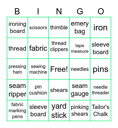 Small Sewing Tools Bingo Card