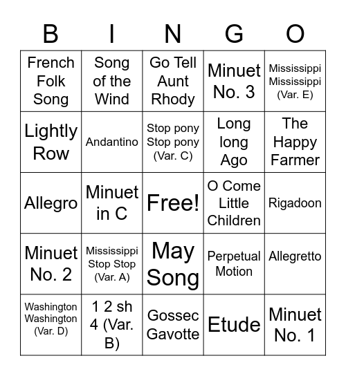 Suzuki Bk 1 violin and cello Bingo Card