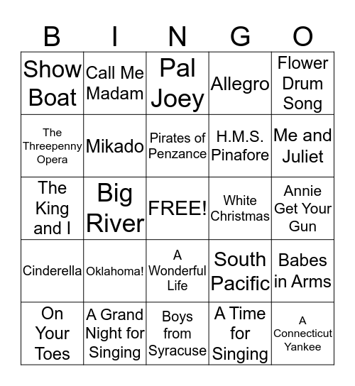 Rodgers and Hammerstein Musicals Bingo Card