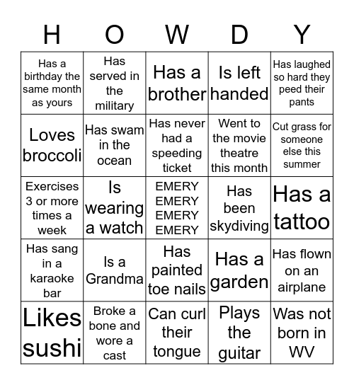 Emery Family Reunion...find someone who... Bingo Card