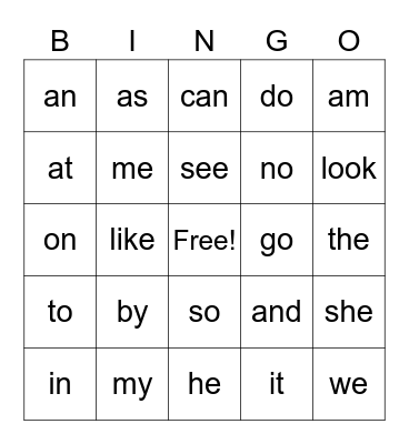 Sight Words Bingo Card