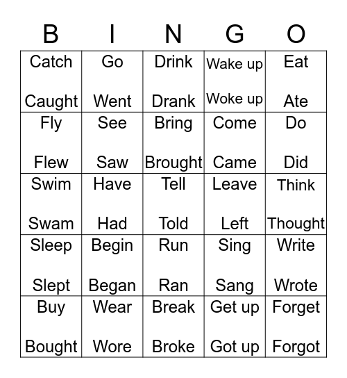 Irregular Verbs Bingo Card