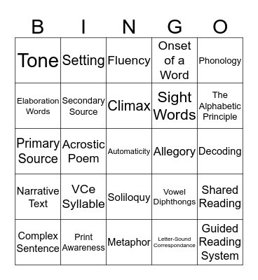 English/Reading EC-6 Generalist Bingo Card