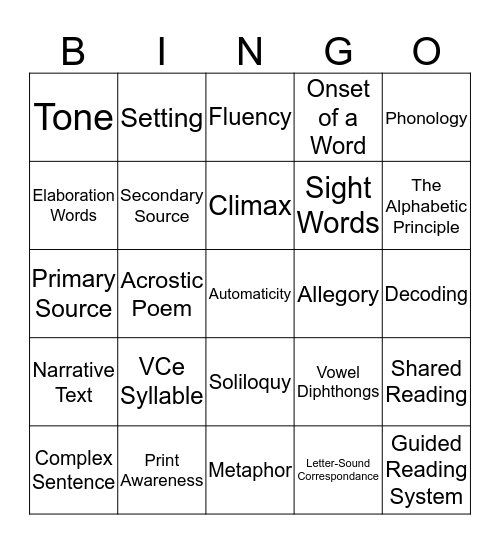 English/Reading EC-6 Generalist Bingo Card