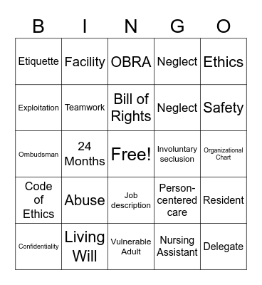 CNA: UNIT 1 Bingo Card