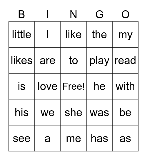 Sight Words Bingo Card