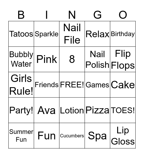 Spa Bingo Card