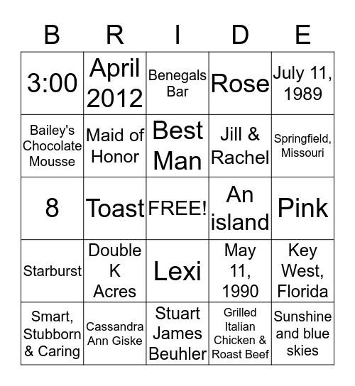 Cassy's Big Day! Bingo Card