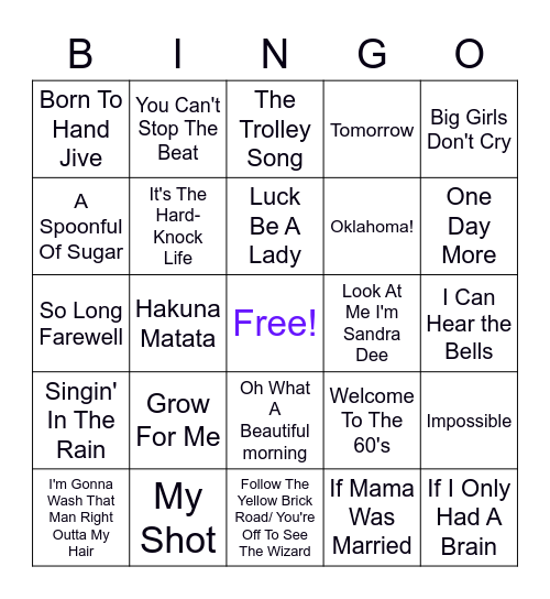 Broadway / Showtunes Bingo Card