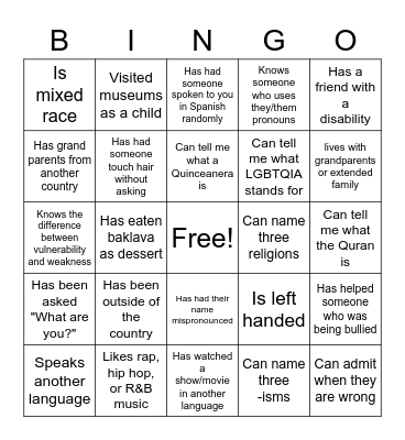 Culture/Diversity Bingo Card