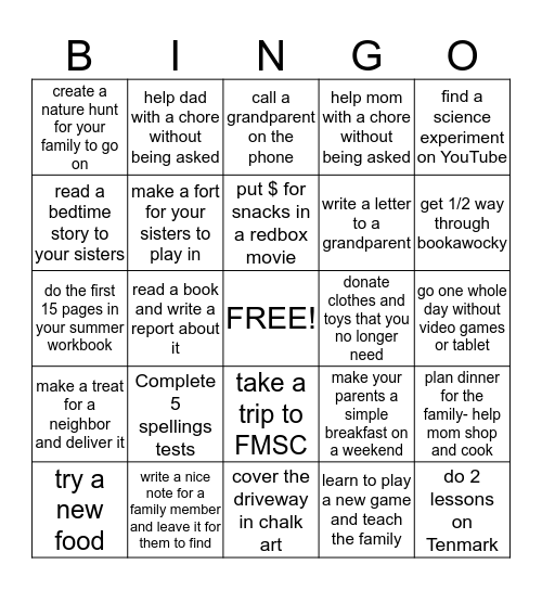 Genesis' Summer Bingo Sheet Bingo Card