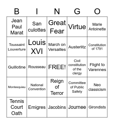 The French Revolution Bingo Card