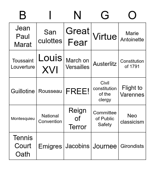 The French Revolution Bingo Card