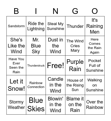 Weather Songs Singo Bingo Card