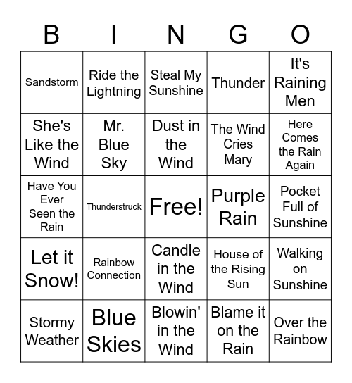 Weather Songs Singo Bingo Card