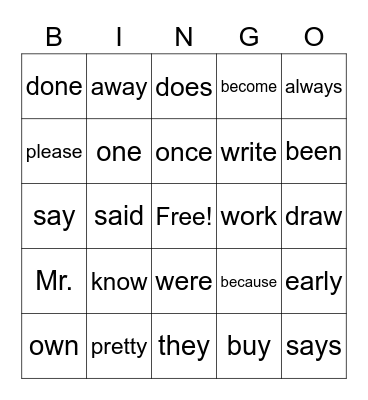 Sight Words You Can See Bingo Card
