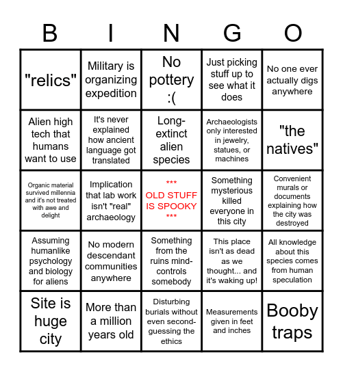 Sci-Fi Archaeology Bingo Card