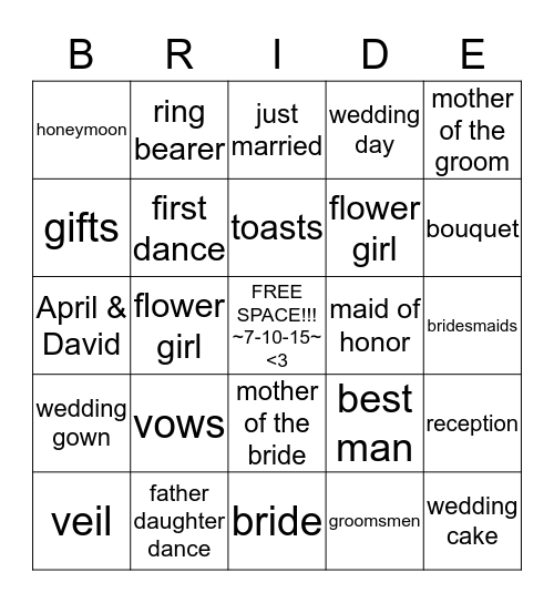 ~*Bridal Bingo*~ Bingo Card