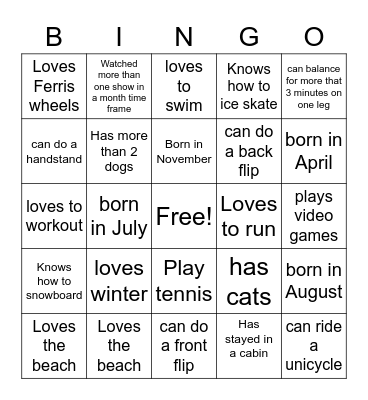 get to know you bingo Card