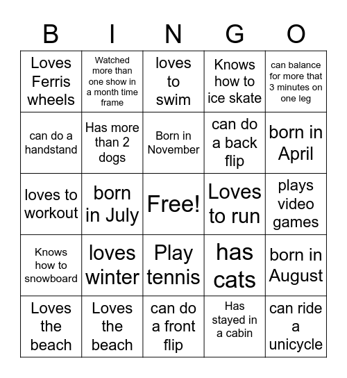 get to know you bingo Card