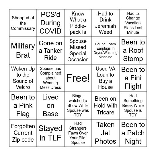 Fighter Pilot Spouses Bingo Card