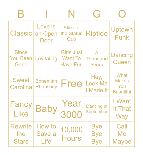 Name That Tune Bingo Card