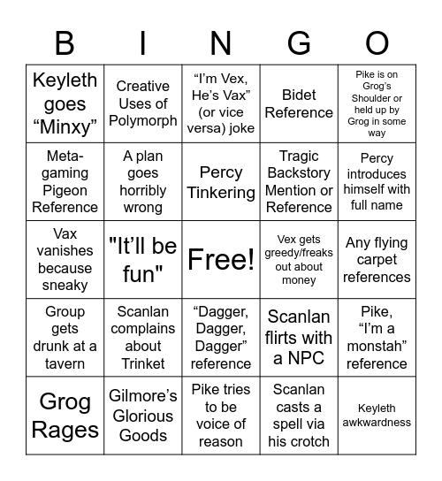 Legend of Vox Machina Bingo Card