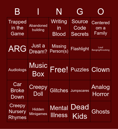 Indie Horror Game Bingo Card