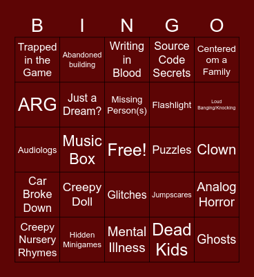 Indie Horror Game Bingo Card