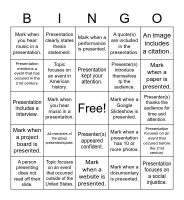 NHD Presentation Capture Sheet Bingo Card