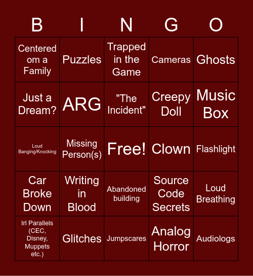 Indie Horror Game Bingo Card