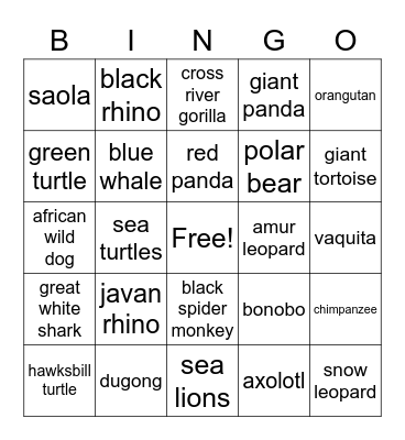 endangered animals Bingo Card