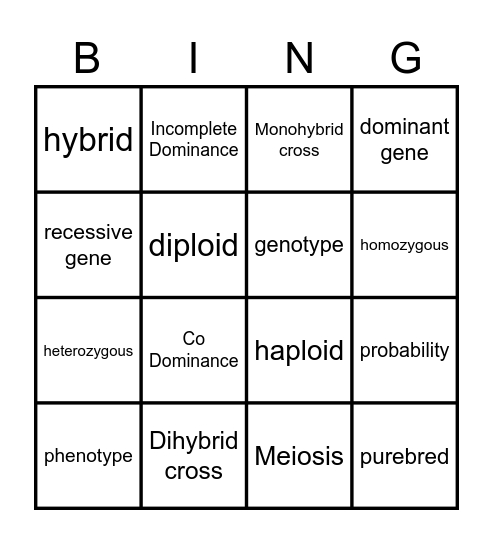 Meiosis and Genetics Bingo Card