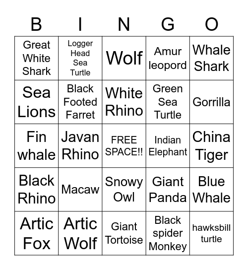 Endangered animals Bingo Card