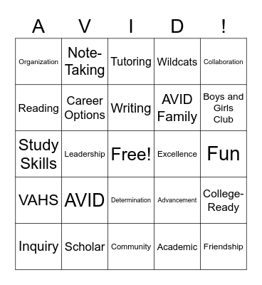 AVID Bingo Card