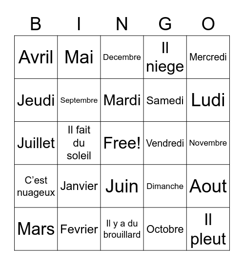 Calendar Bingo Card