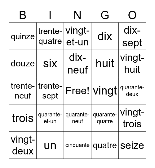 Les Nombres 0-60 Bingo Card