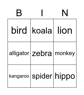 Animals Bingo Card