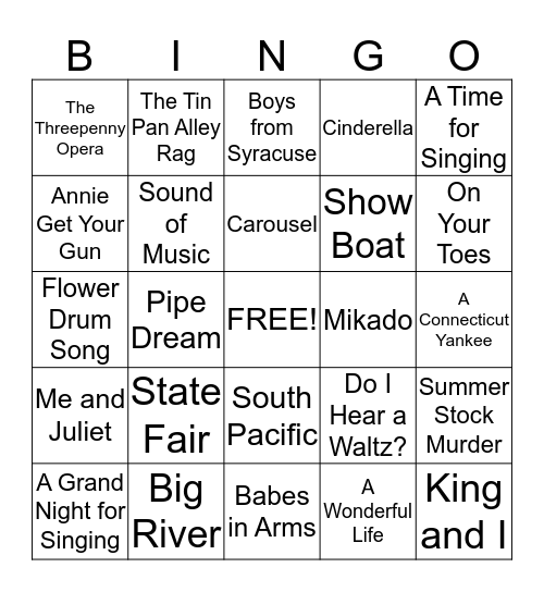 Rodgers and Hammerstein Musicals Bingo Card