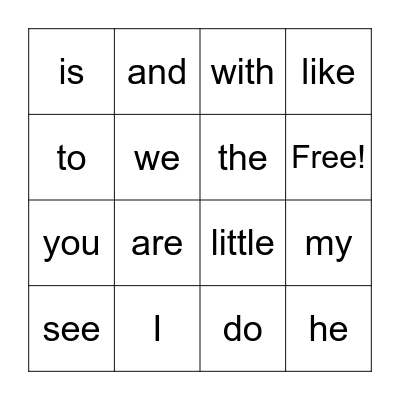 Sight Words Bingo Card