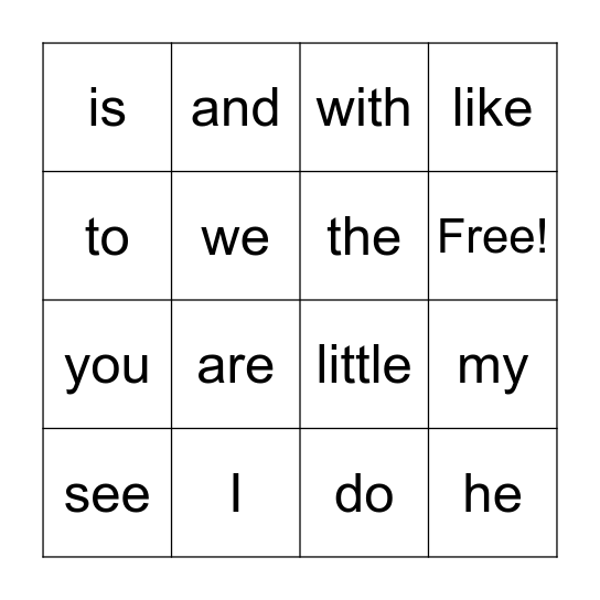 Sight Words Bingo Card