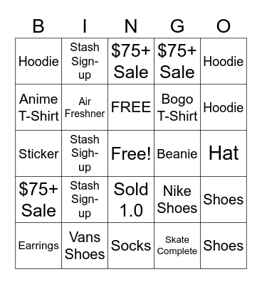 Zumiez Bingo Card