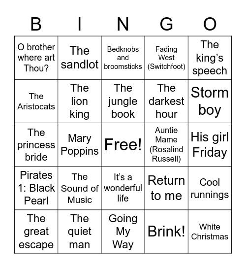 Grace’s Movie BINGO Card