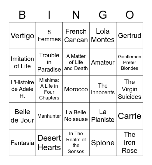 Francore Movies Bingo Card