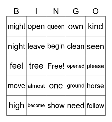 High Frequency Words Bingo Card
