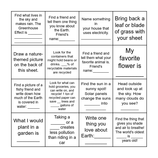 Earth Day Bingo Card