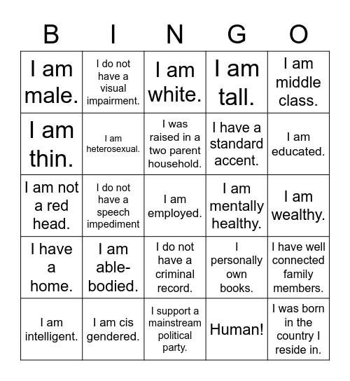 Privilege Bingo Card