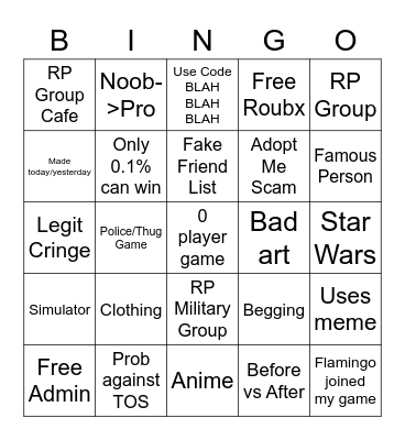 Devoun Roblox Ad Bingo Card