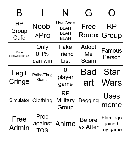 Devoun Roblox Ad Bingo Card