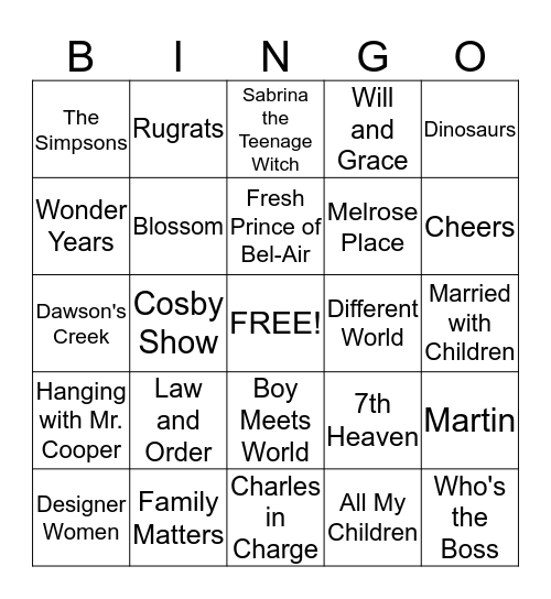 90's TV Shows Bingo Card